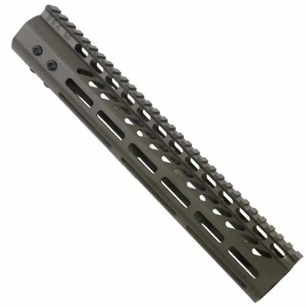 OD Green 12-inch M-LOK handguard for LR 308, featuring Picatinny rail, ventilation, and accessory slots.