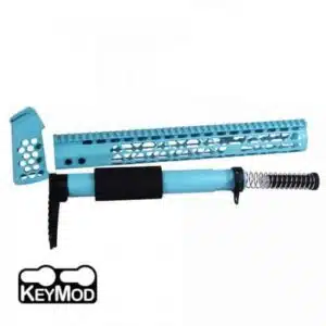 Light blue KeyMod handguard for AR-15 with ergonomic grip and tactical design.