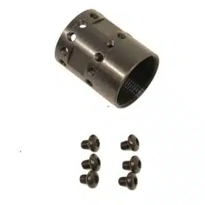 Low-profile steel gas block for AR-15 with screws; precision machined for secure installation.