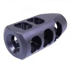 LR-308 AR-10 muzzle brake with nitride finish, designed for recoil reduction and stability.