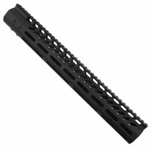 Lightweight black 15 M-LOK handguard for LR 308 rifle, with rail for accessory mounting.