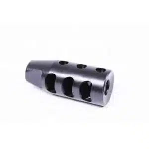 Black nitride muzzle brake with side ports for recoil reduction on LR308/300BL firearms.