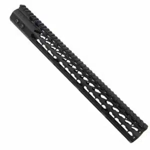 Slim black KeyMod handguard for LR 308 with Picatinny rails; lightweight, customizable, modern design.