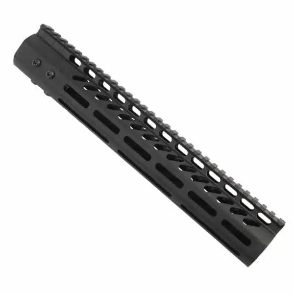 Black AR-platform free-float M-LOK rifle handguard with Picatinny rail, lightweight aluminum design.