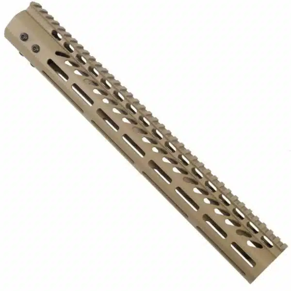 Tan M-LOK aluminum handguard for LR 308 with Picatinny slots for accessory mounting.