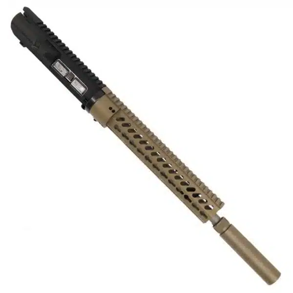 Two-tone AR LR308 Upper: 18 Barrel, FDE Handguard, Suppressor, Black Rear, Customizable Design.