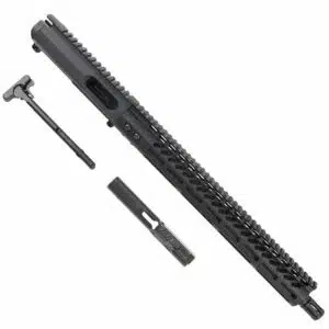 Disassembled AR-15 upper with M-LOK handguard, charging handle, and bolt carrier group.