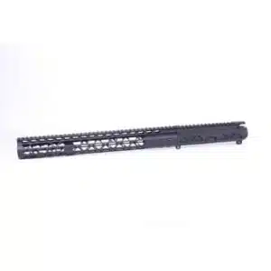 Black AR-15 handguard with M-LOK slots, Picatinny rail, and lightweight, ventilated design.