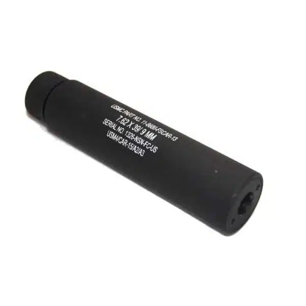 Matte black AR-15 fake suppressor for 7.62×39 and 9mm carbines, with detailed white text.