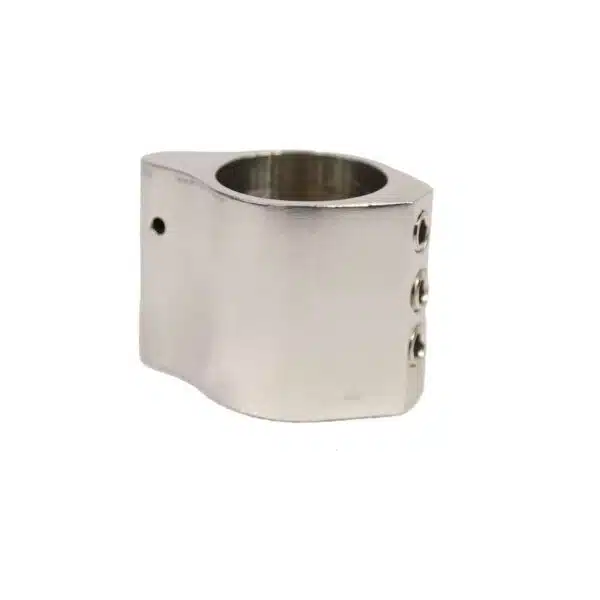 Precision metal clamp with cylindrical opening and threaded ports for industrial applications.