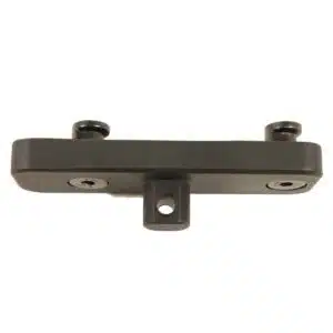 Gunmetal gray metal bracket with four holes for sturdy mounting in furniture or construction.