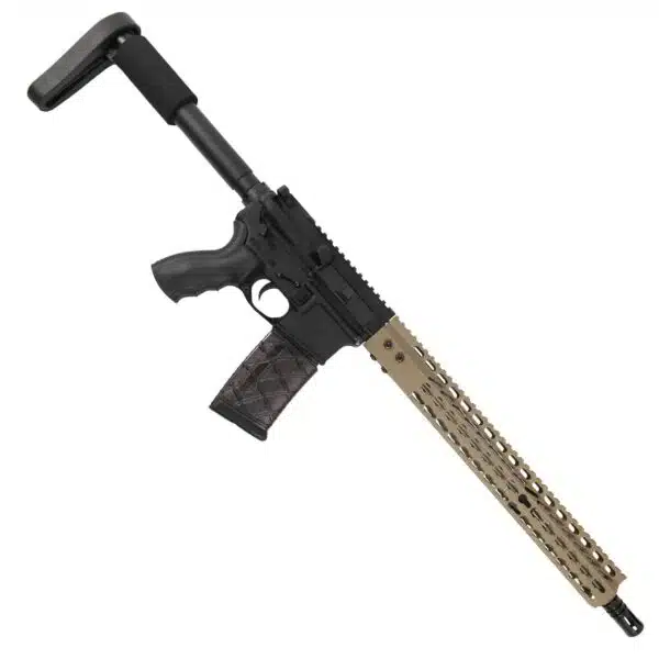 Modern tactical AR-15 rifle with two-tone design, adjustable stock, and accessory-ready handguard.