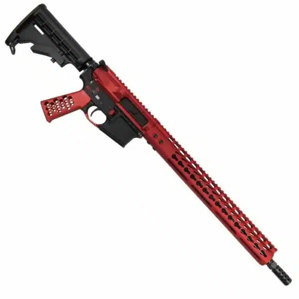 Striking red-black AR-15 rifle with custom anodized handguard and magazine for tactical precision.