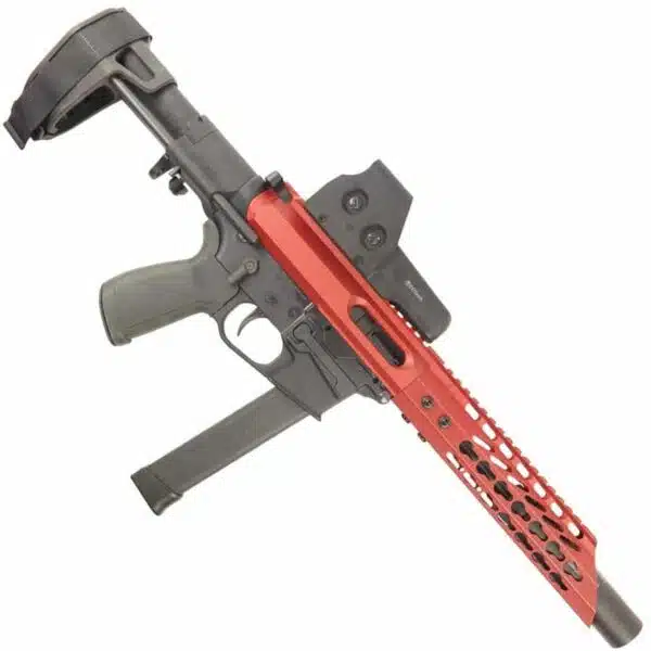 Modern black and red submachine gun with adjustable stock, ergonomic grip, and tactical rail.