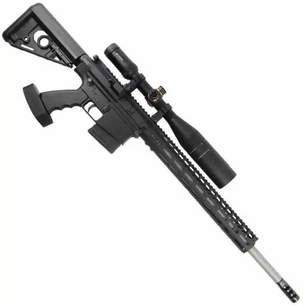 Modern black tactical rifle with scope, M-Lok handguard, and adjustable stock for precision shooting.
