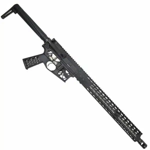 Modern black tactical rifle with modular design and skeletonized handguard for accessories.