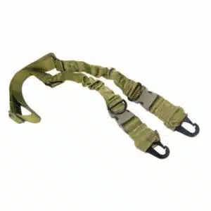 Durable olive green tactical rifle sling with adjustable straps and heavy-duty metal hooks.