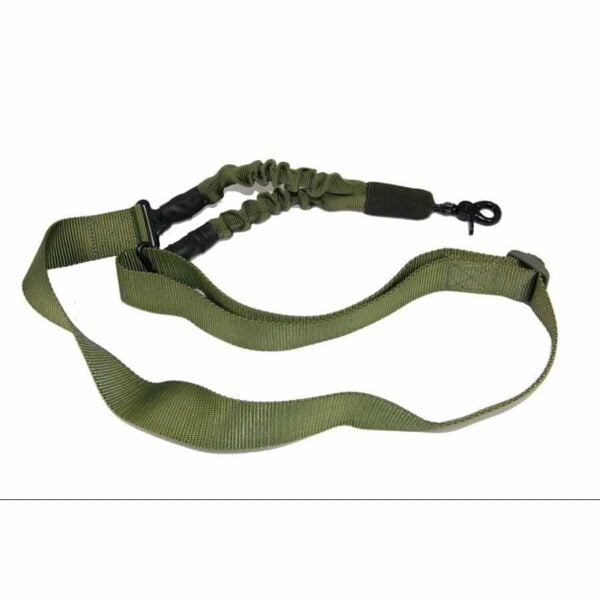 Durable olive green tactical sling with adjustable strap and elastic bungee for secure firearm carry.