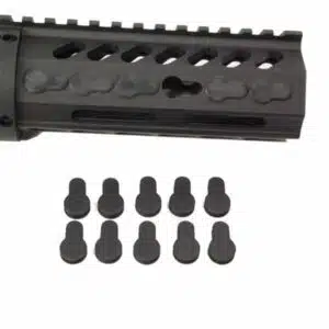 Black tactical rail system for firearms with mounting screws, designed for accessories attachment.