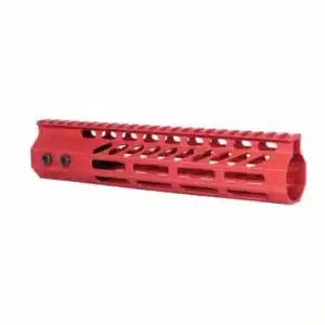 Bright red aluminum AR-15 handguard with M-LOK slots and Picatinny rail for accessories.