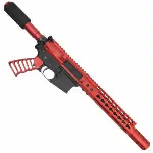 Red AR-15 pistol with customized grip and free-floating handguard.