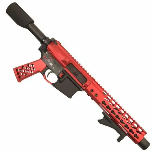 Custom AR-15 pistol with red and black design, M-LOK handguard, and prominent muzzle device.