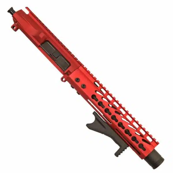 Red AR-15 pistol upper with tactical rail system and contrasting black components.