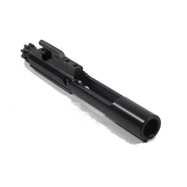 Close-up of AR-15 bolt carrier group, matte black, on white background.