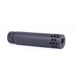 Matte black firearm suppressor, cylindrical with perforated end, photographed on white background.