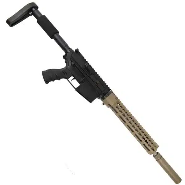 Two-tone tactical AR-style rifle with folding stock, KeyMod handguard, and textured grip.