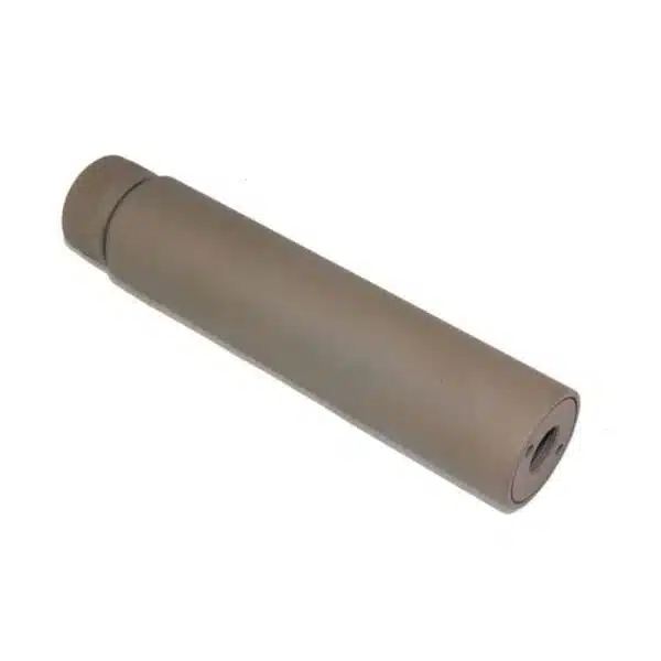 5.5-inch dark earth fake suppressor for AR15 and AR10 rifles, tactical design.