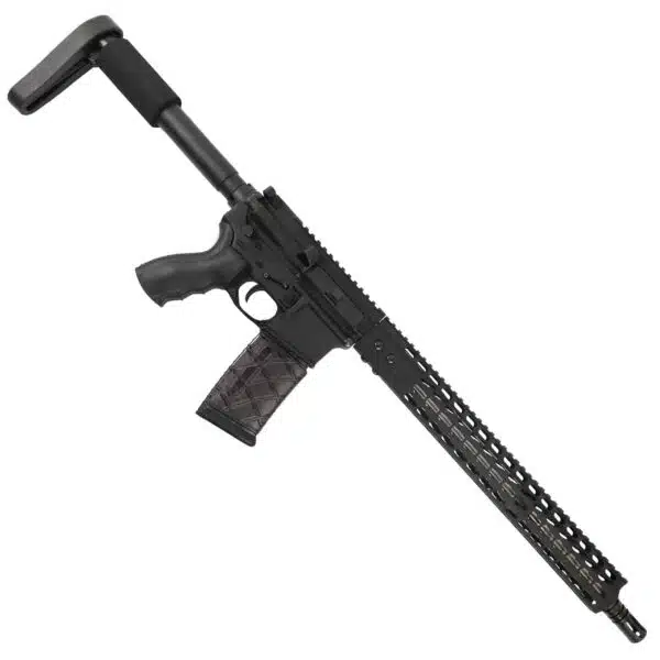 Modern tactical AR-15 rifle with modular design, adjustable stock, and accessory attachment options.