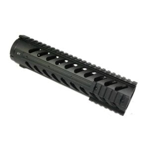 Black anodized 10-inch rifle handguard with Picatinny rail and venting holes for heat dissipation.