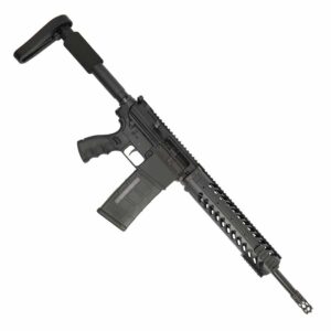 Black tactical rifle with adjustable stock, ergonomic grip, and rail system on white background.