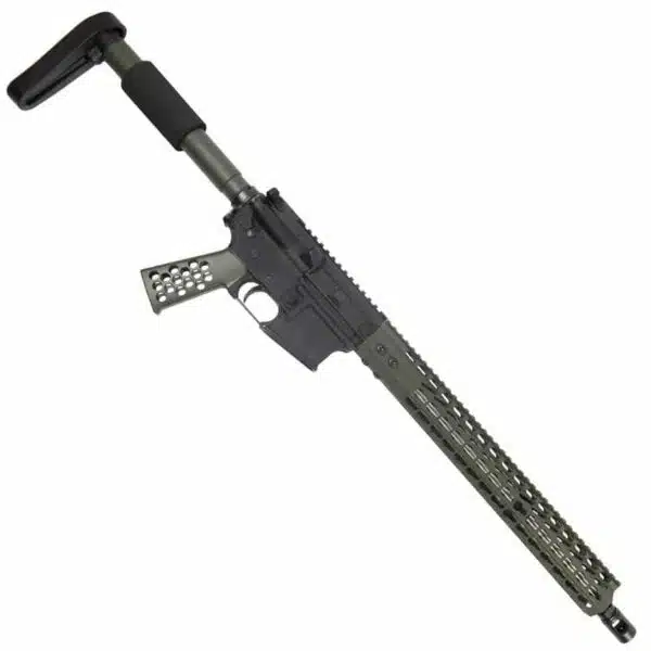 Modern tactical rifle with adjustable stock, extended barrel, and customizable rail system.