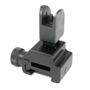 Durable aluminum tactical front sight for rifles with flip-up mechanism and adjustable elevation.