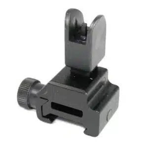 Durable aluminum tactical front sight for rifles with flip-up mechanism and adjustable elevation.