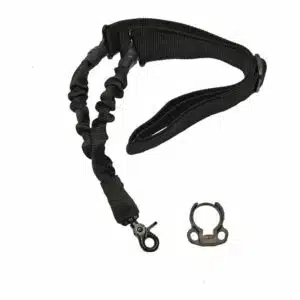 Black tactical bungee sling with durable nylon strap and metal attachment mount for firearms.