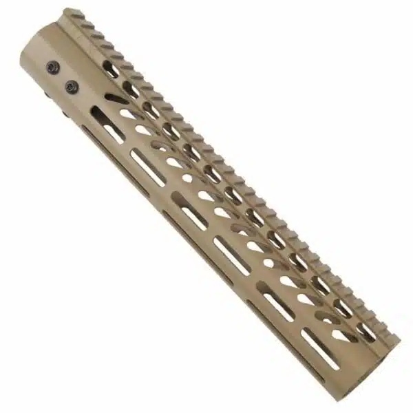 Tan 12 M-LOK handguard for AR rifles with Picatinny rail and ventilation slots.