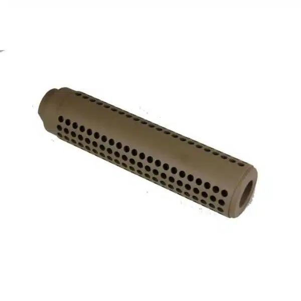 AR-15 tan fake suppressor with uniform perforations for tactical applications.