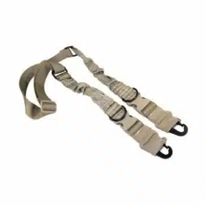 Adjustable tactical sling in tan with heavy-duty hooks for secure firearm handling.