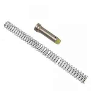 AR-15 recoil spring and guide rod on a white background, components of firearm buffer assembly.