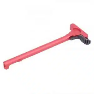 Bright red AR-15 charging handle with ergonomic latch for improved grip and custom look.