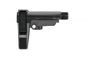 Black matte pistol stabilizing brace with adjustable forearm strap for enhanced shooting stability.