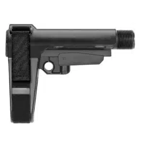 Black matte pistol stabilizing brace with adjustable forearm strap for enhanced shooting stability.