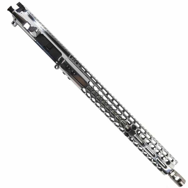 Polished chrome AR15 rifle upper assembly with honeycomb-patterned handguard.