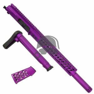 Metallic purple AR-15 with ventilated handguard, folding stock, and ergonomic grip for customization.