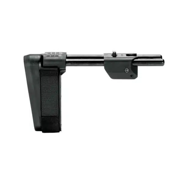 Pistol stabilizing brace with matte black finish, enhances shooting stability and control.