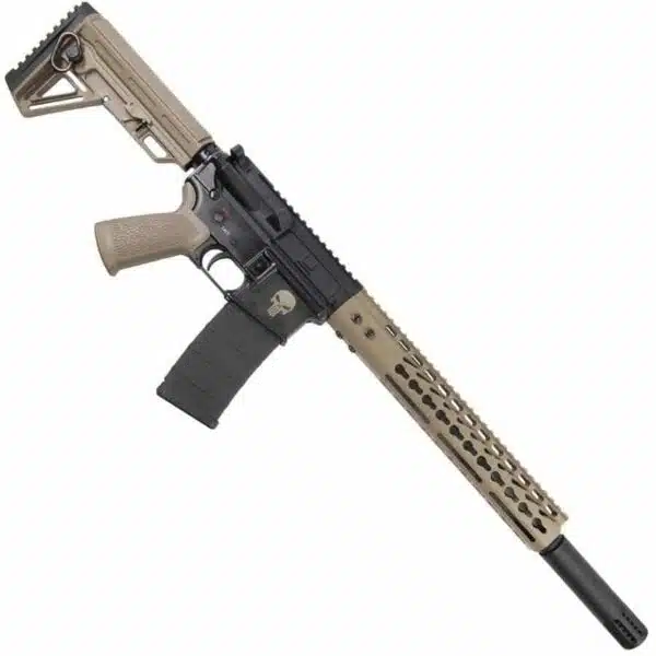 Tan and Black AR-15 Rifle with Adjustable Stock and M-LOK Handguard, Ideal for Tactical Use.