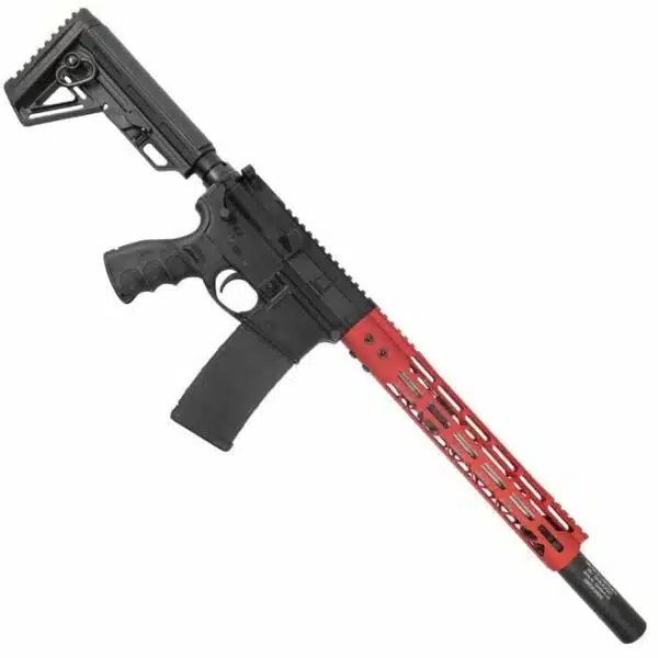 Modern AR rifle with red skeletonized handguard, adjustable stock, and M-LOK rail system.
